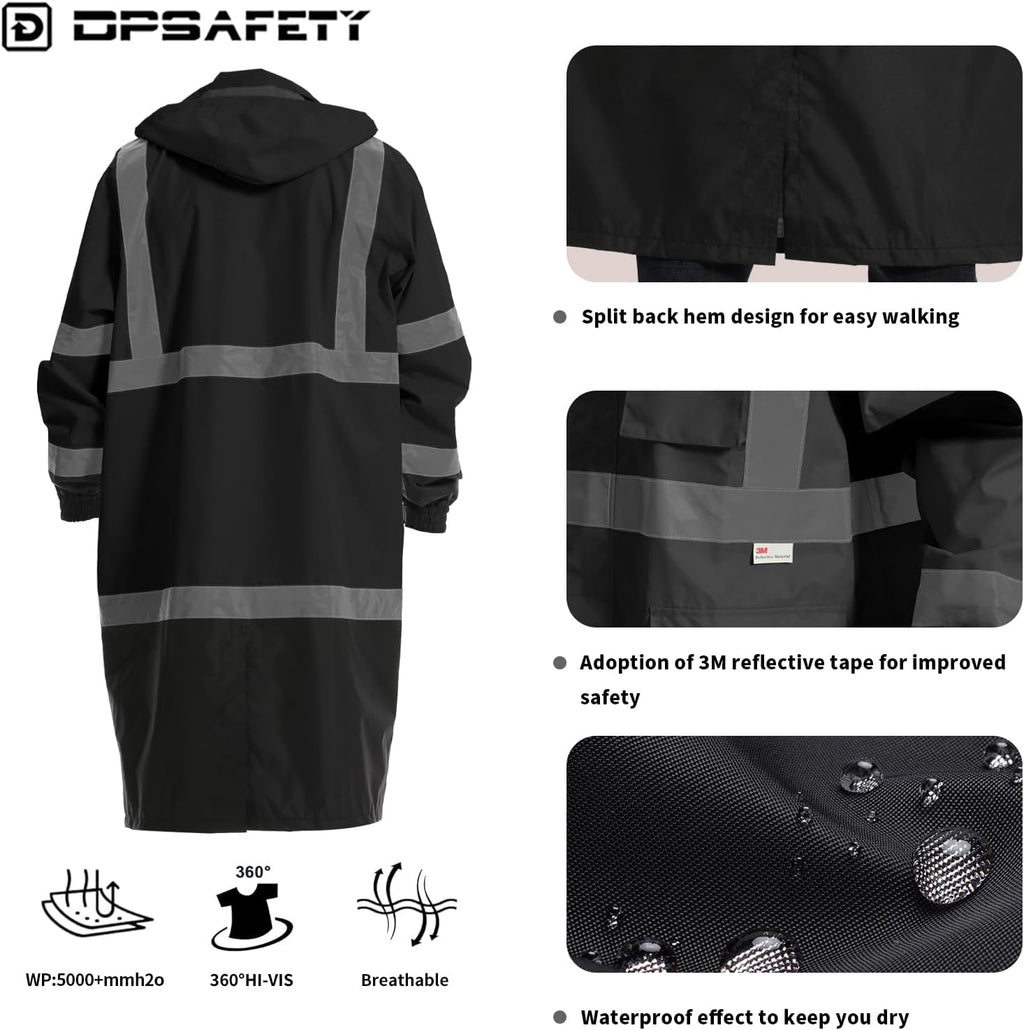 Hi Vis Rain Jacket with 3M Reflective Stripe,High Visibility Class 3 Rain coats,Safety Waterproof Rain Suits for Men with Hood and 2 Large Pockets construction work rain gear(Black S)