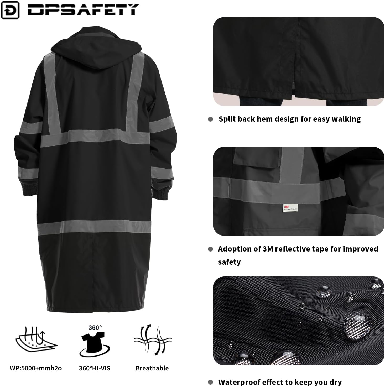 Hi Vis Rain Jacket with 3M Reflective Stripe,High Visibility Class 3 Rain coats,Safety Waterproof Rain Suits for Men with Hood and 2 Large Pockets construction work rain gear(Black 6XL)