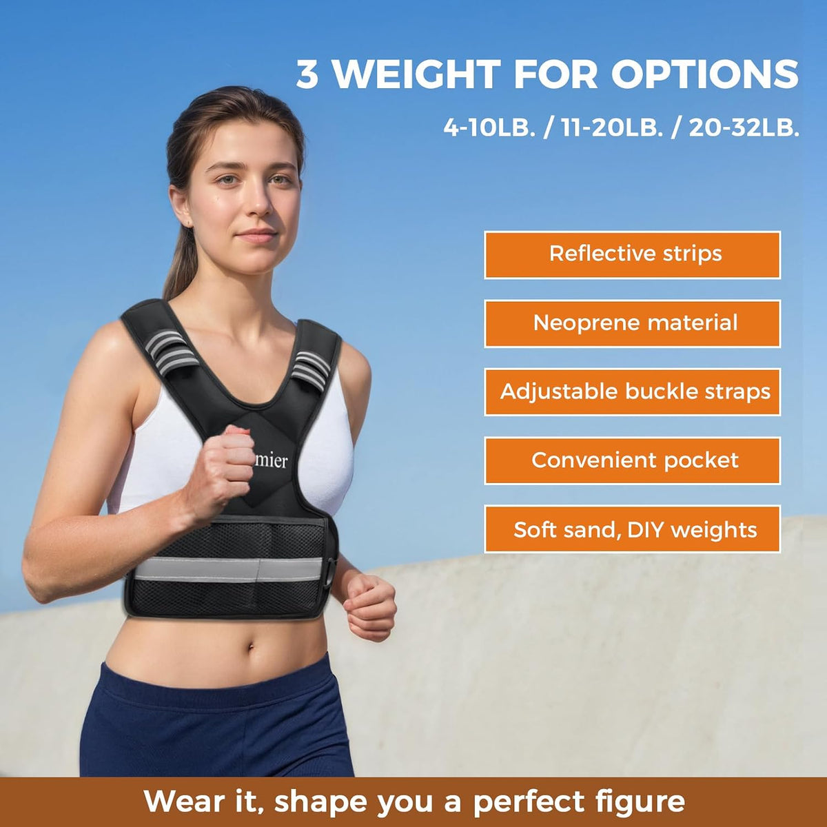Adjustable Weighted Vest for Men and Women,4-10lb/11-20lb Vest with 6 Ironsand Weights,with Reflective Stripe,for Strength Training, Running, Fitness, Walking