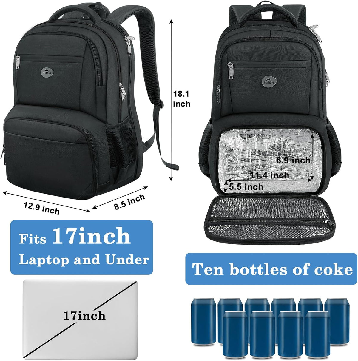 MATEIN Lunch Backpack for Men, 17 Inch Work Backpack with Lunch Compartment