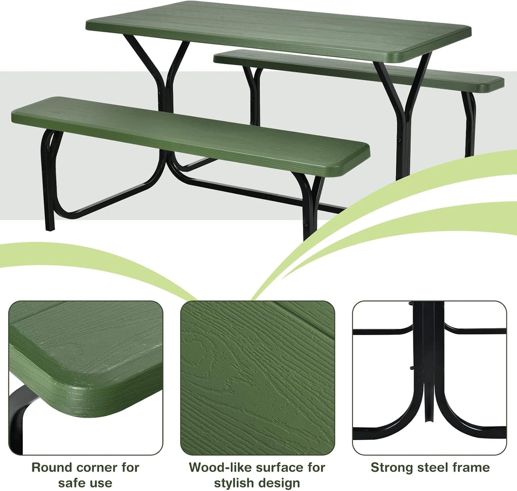 Tangkula Picnic Table Bench Set, Outdoor Picnic Table with 2 Benches, Metal Camping Table with Plastic Wood-Like Texture Tabletop & Steel Frame, Ideal for Picnic, Party, Garden, Lawn (Green)
