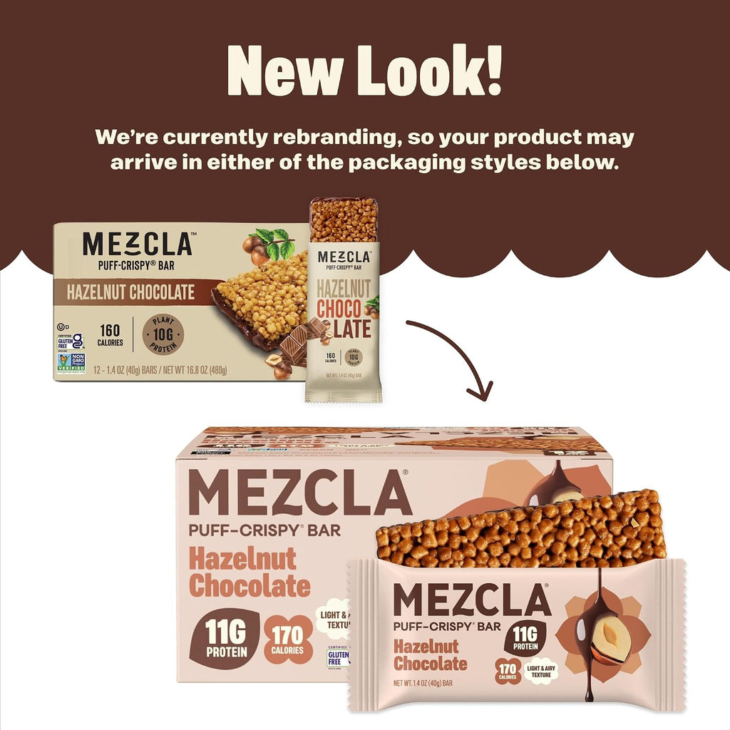 Mezcla Hazelnut Chocolate Puff Crispy Vegan Bars, 11g Protein, 12 Bars