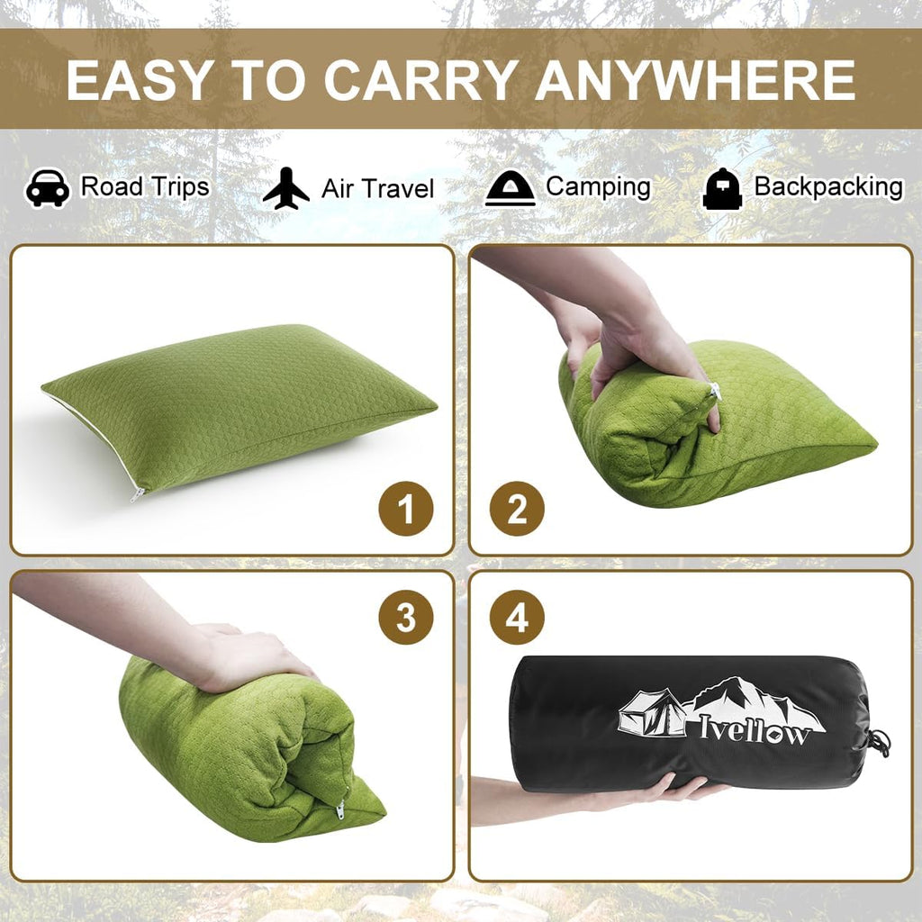Ivellow Memory Foam Travel Pillow,Small Camping Pillow for Sleeping,Avocado
