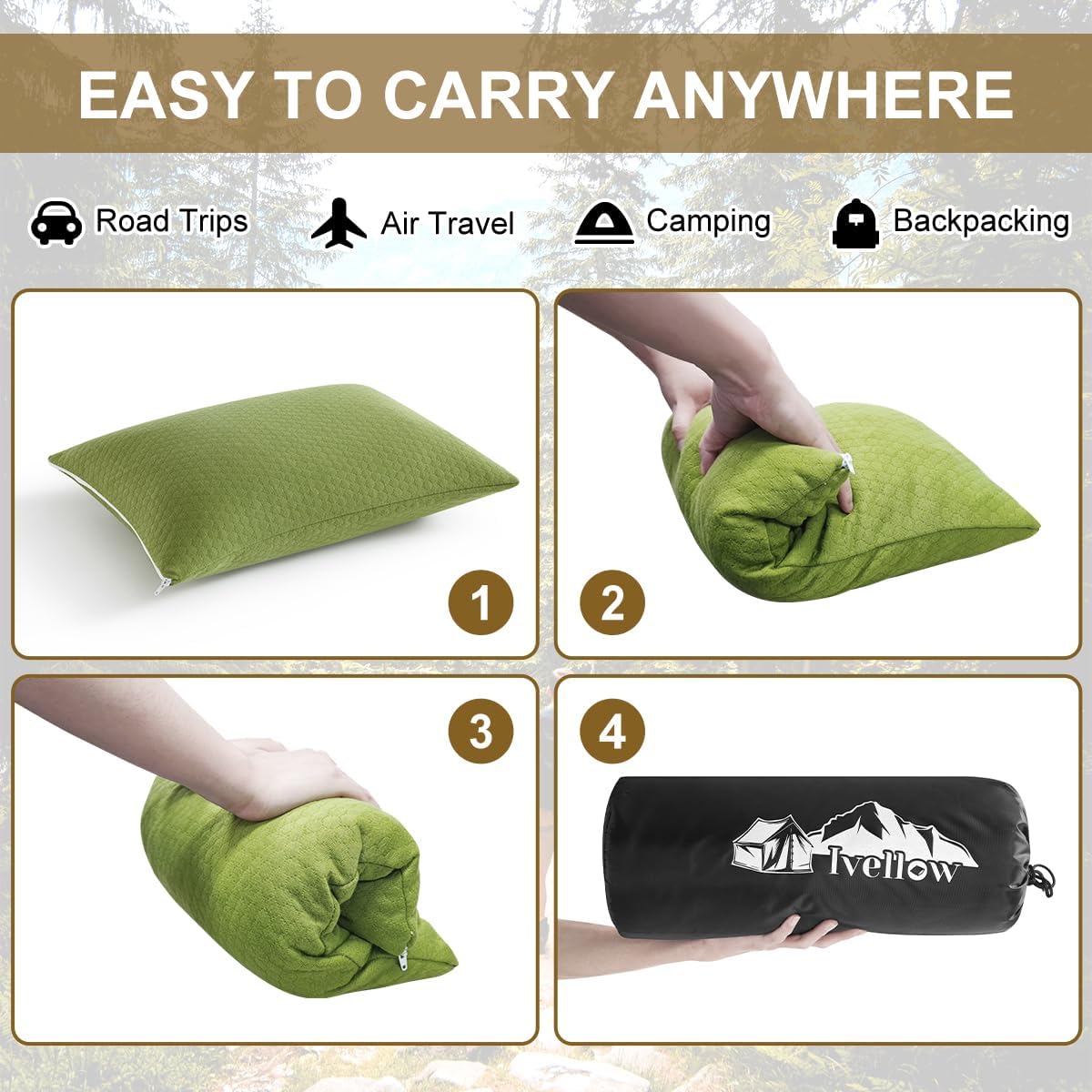 Ivellow Memory Foam Travel Pillow,Small Camping Pillow for Sleeping,Avocado