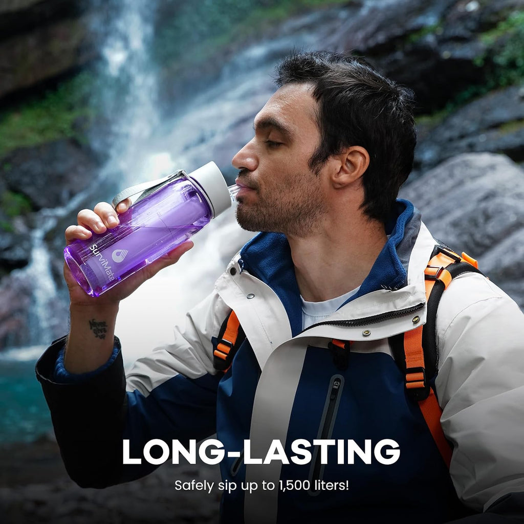 SurviMate Purified Water Bottle for Camping, Hiking, Backpacking and Travel, BPA Free with 5-Stage Intergrated Filter Straw