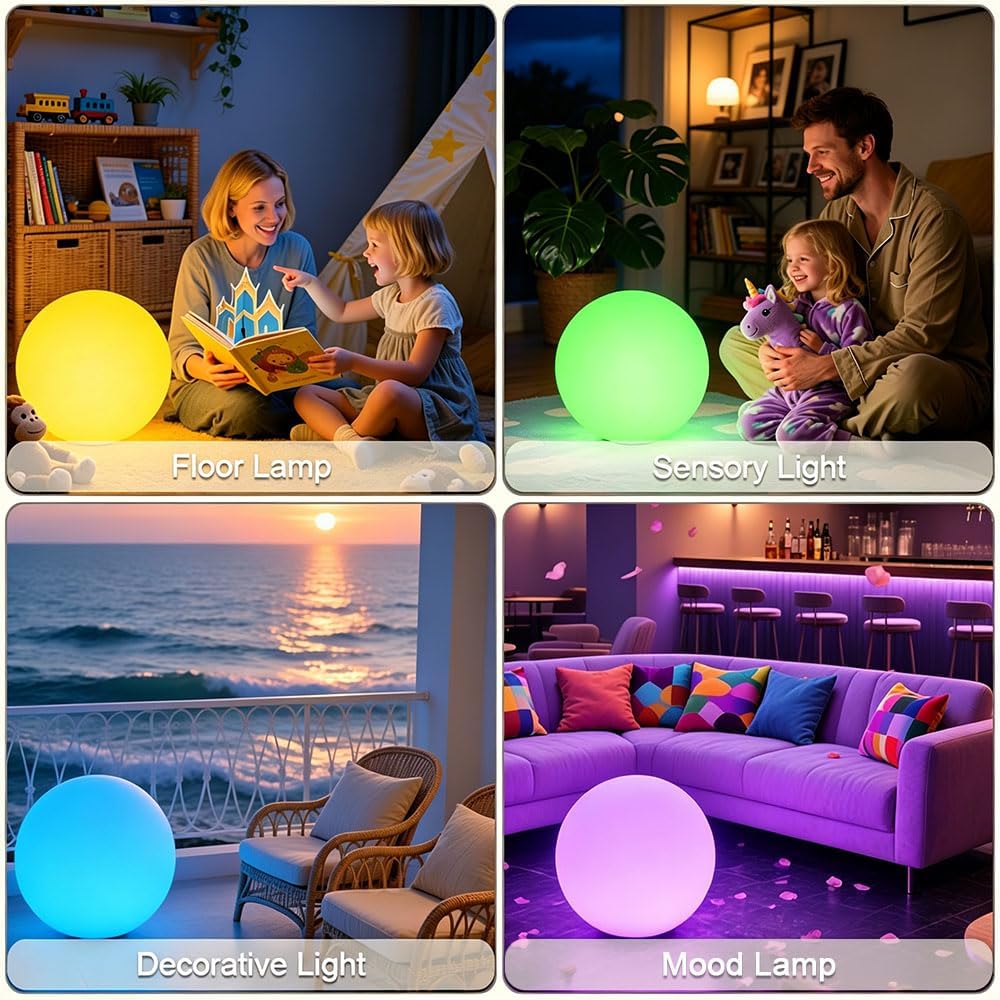 14-in LED Ball Light, Rechargeable Outdoor Globes Light Dimmable RGB Color Changing Globe Floor Lamp w/Remote, Modern Versatile LED Globe Orb Lights Waterproof Glowing Orb Lamp for Home Yard Lawn Path