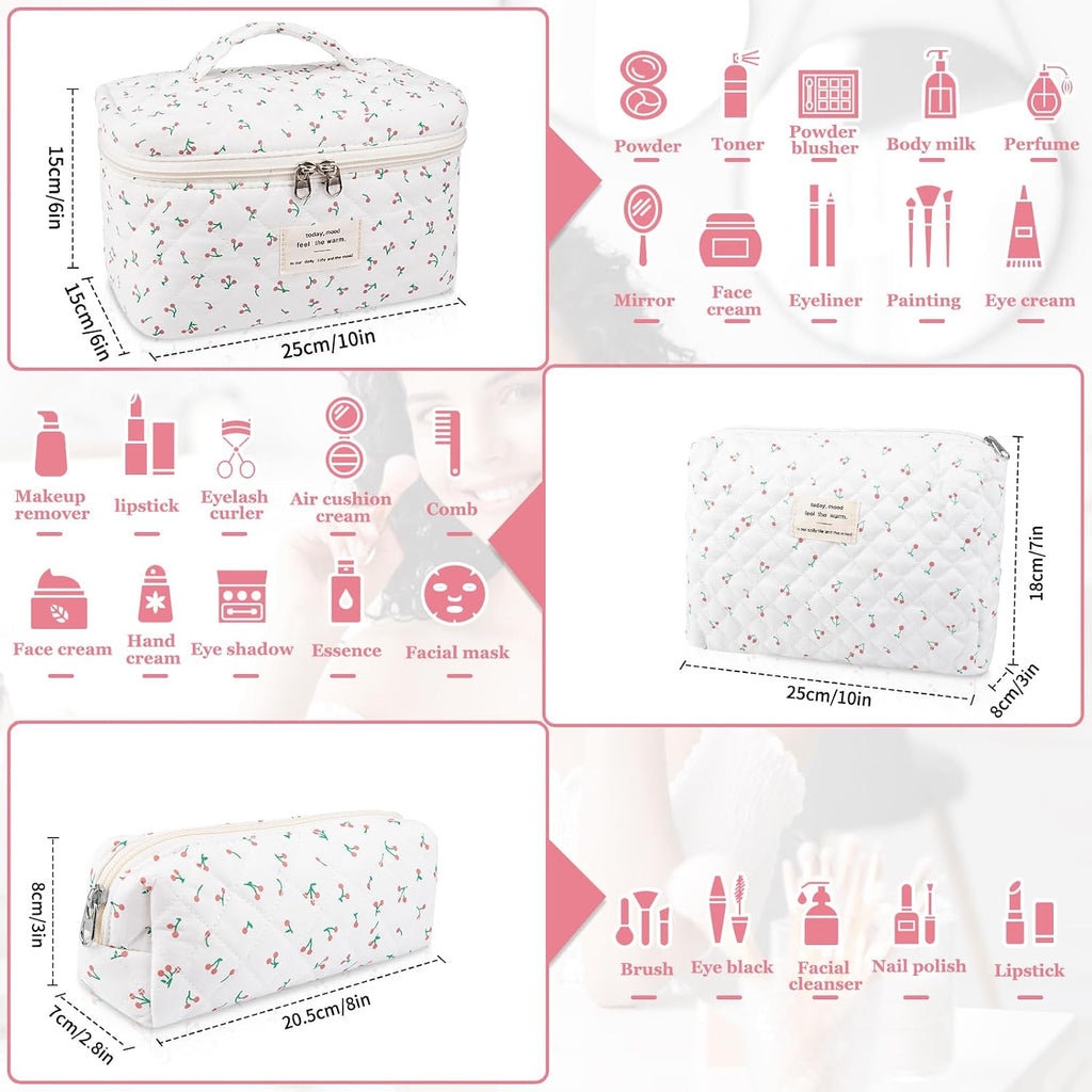 Gosect Large Makeup Bag Set, Quilted Makeup Bag, Floral Cosmetic Bag for Women, Cute Cotton Makeup Bags, Flower Travel Toiletry Organizer Bag (white)