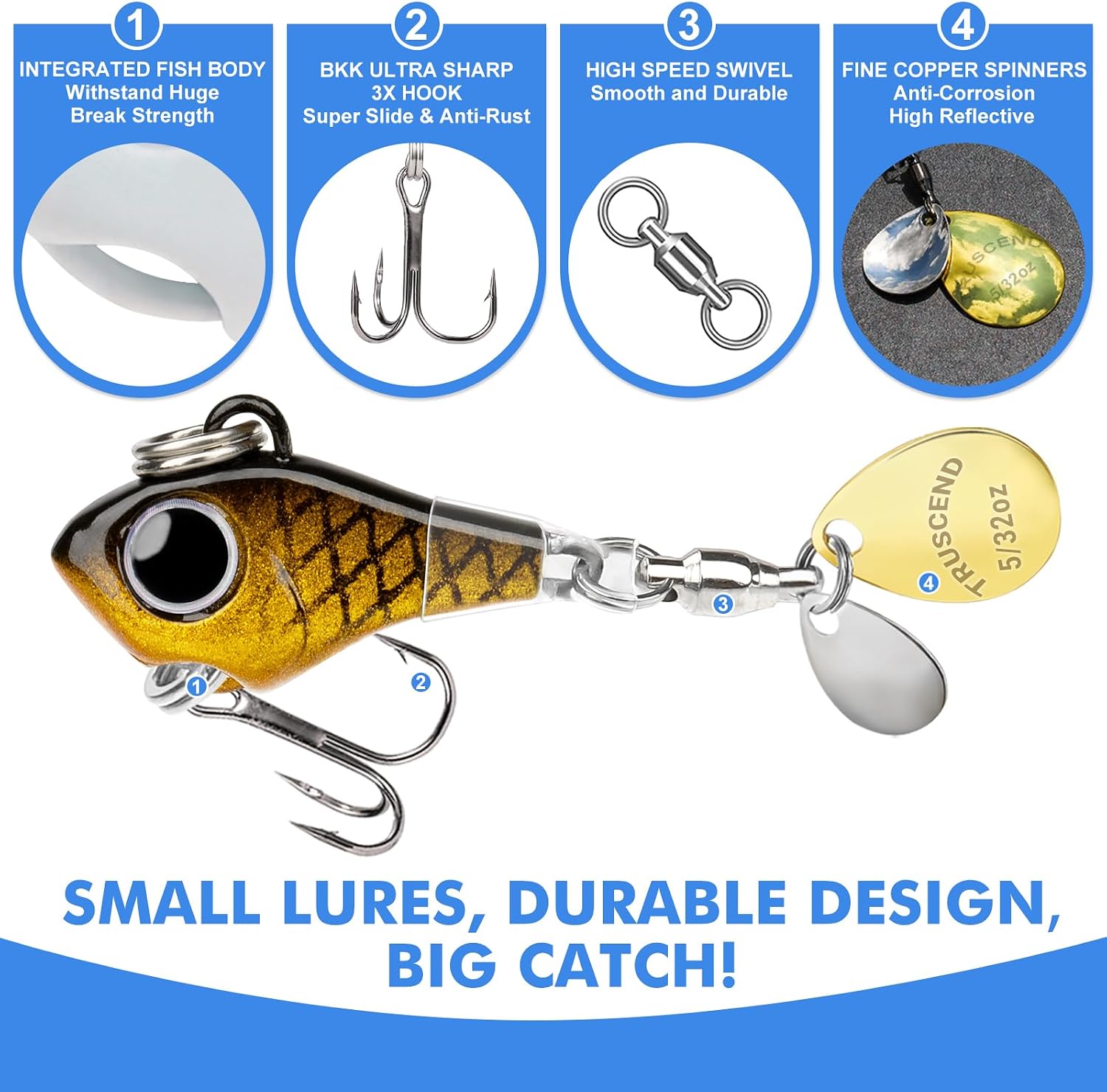 TRUSCEND Swim or Jig Fishing Spinner Baits for Freshwater and Saltwater, Rooster Tail Fishing Lures for Trout Bass Walleye Crappie Salmon Pike, Blade Bait with Copper Blade