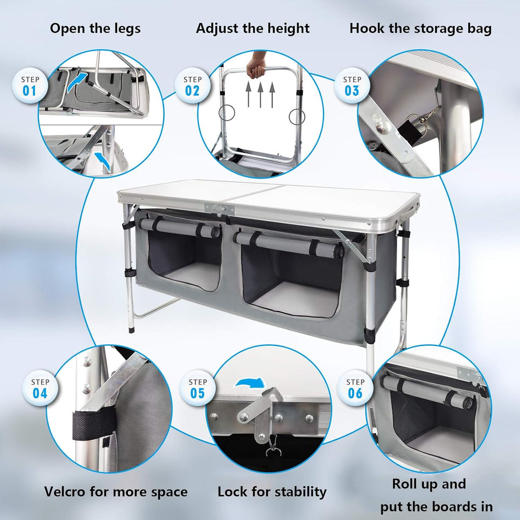 CampLand Outdoor Folding Table Aluminum Lightweight Height Adjustable with Storage Organizer for BBQ, Party, Camping
