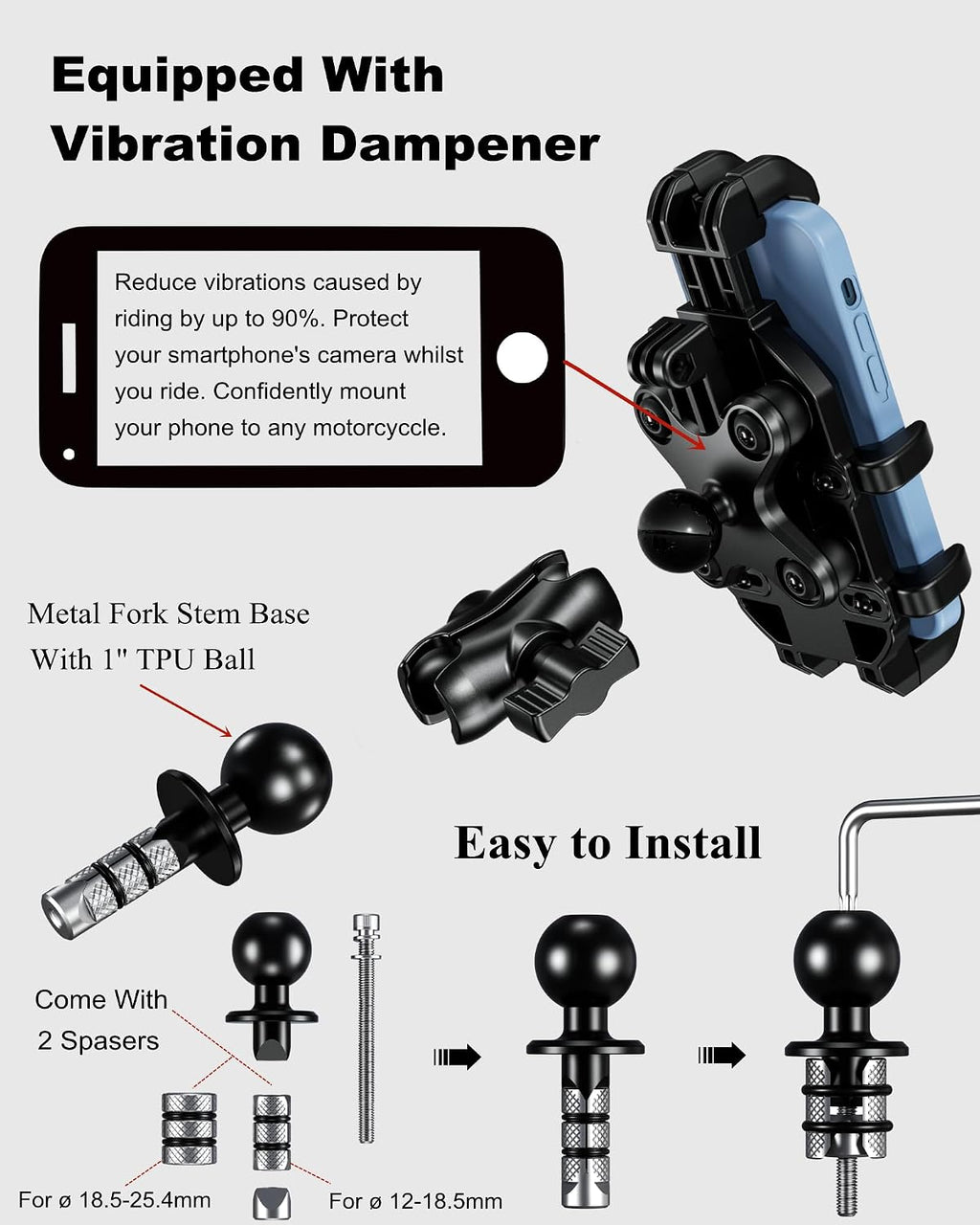 BRCOVAN Motorcycle Fork Stem Phone Mount with Vibration Dampener