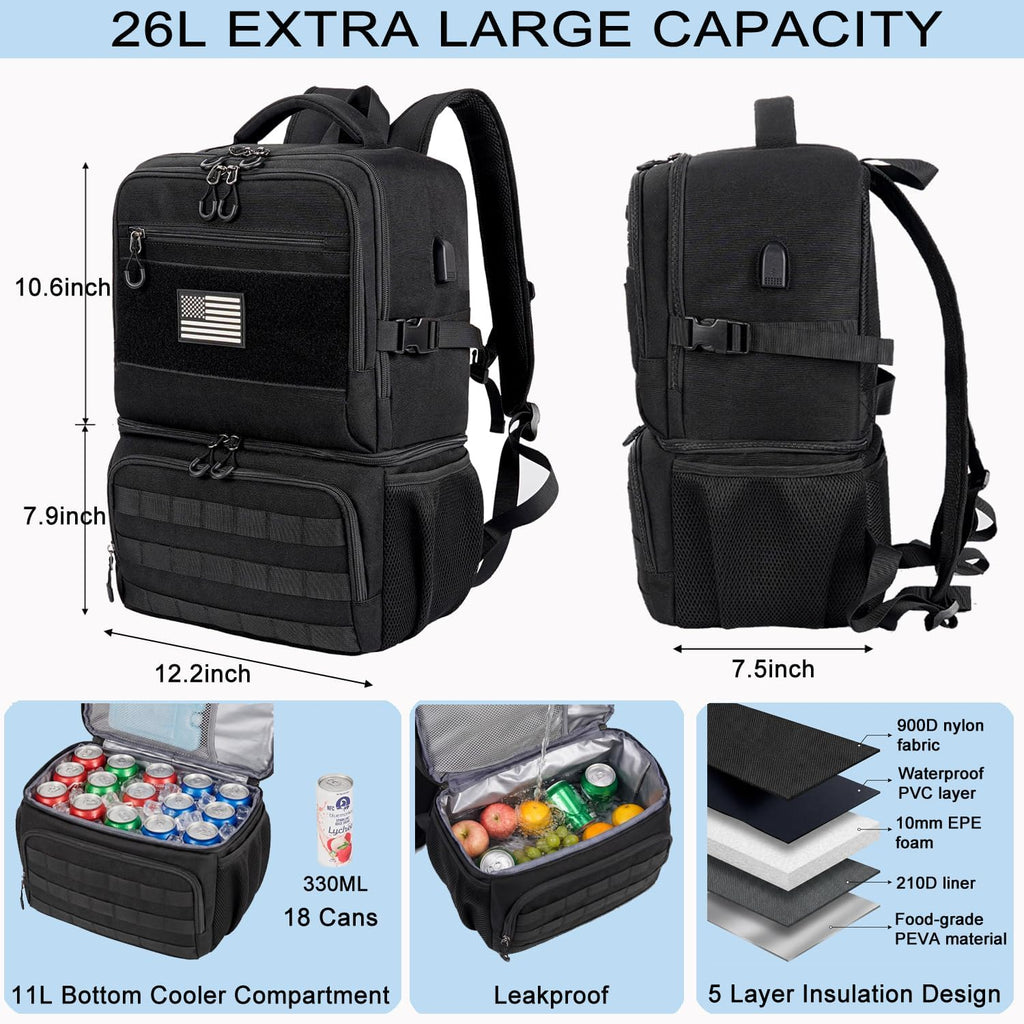 Tactical Double Deck Cooler Backpack 26L, Leak Proof Insulated Lunch Backpack with RFID Security USB Charging, Soft Cooler Bag for Men Work Camping Hiking Beach Picnic
