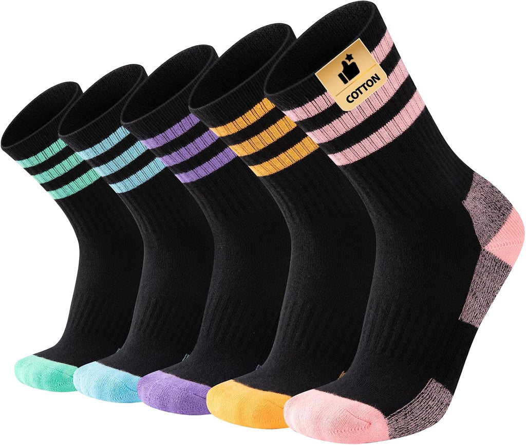 COOPLUS Womens Athletic Crew Socks Cushioned Cotton Wicking Outdoor Recreation Sports Calf Socks 5 Pairs