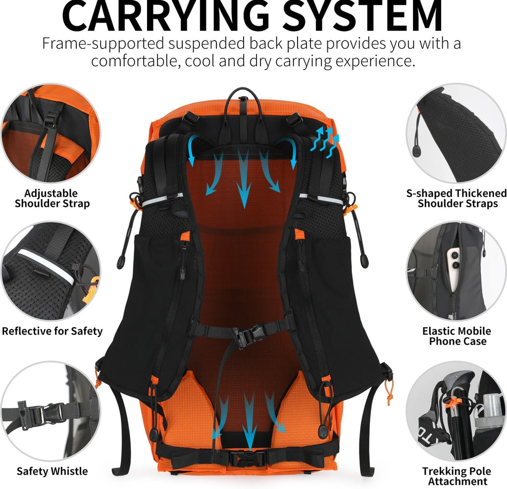 IX INOXTO Hiking Backpack for Men and Women, 30L Waterproof Camping Backpack with 3L Water Bladder and Rain Cover, Lightweight Outdoor Sport Travel Daypack Rucksack for Climbing Cycling (Orange)
