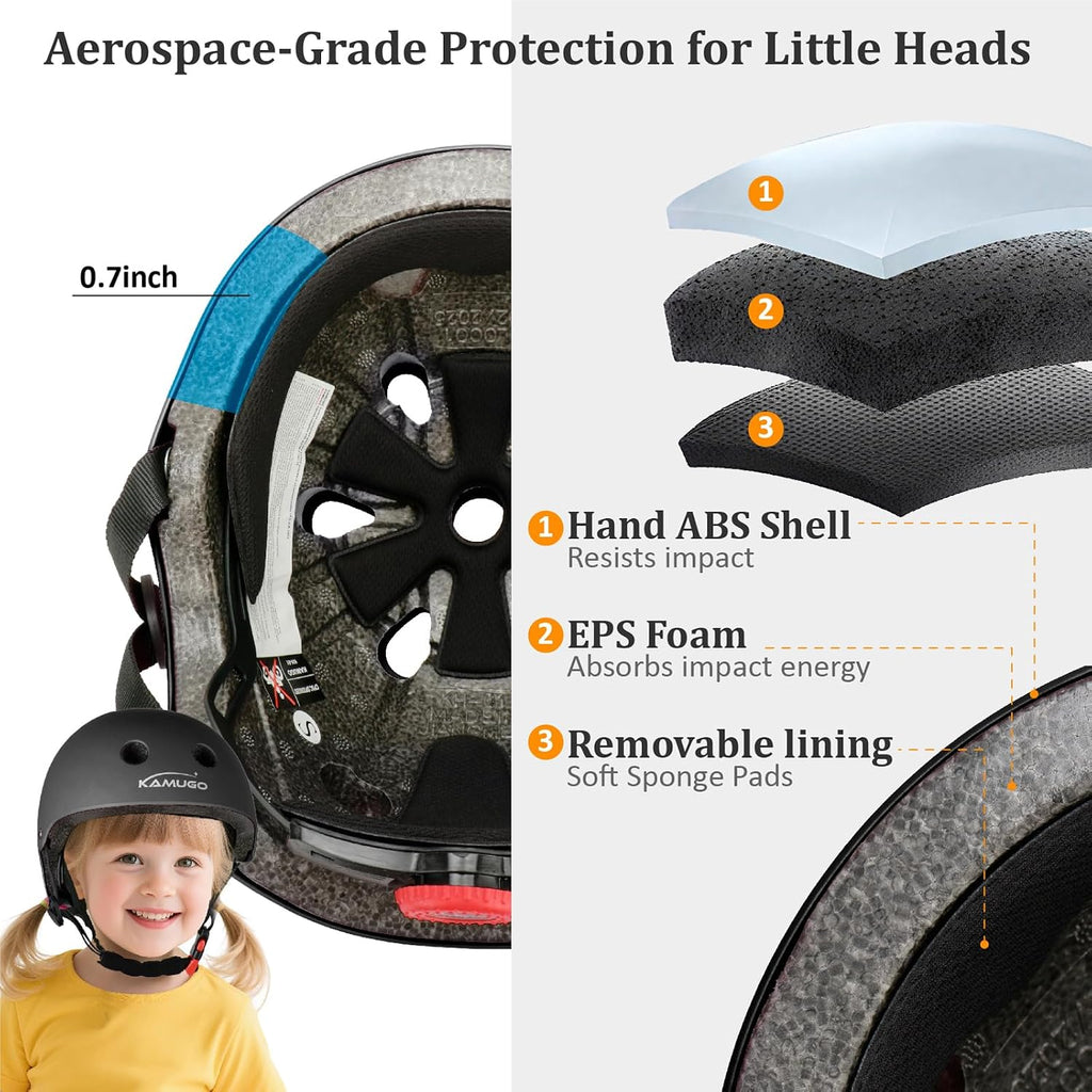 KAMUGO Kids Adjustable Helmet, with Sports Protective Gear Set Knee Elbow Wrist Pads for Toddler Age 2-8 Boys Girls, Bike Skateboard Hoverboard Scooter Rollerblading Helmet Set
