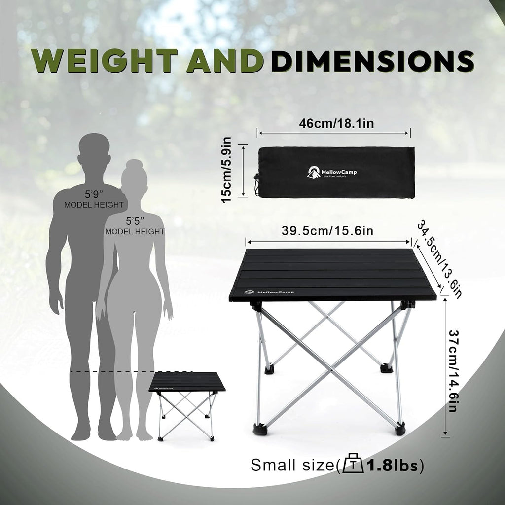 MellowCamp Camping Side Table, Ultralight Aluminum Folding Table, Small Compact Portable Ideal for Camping, Hiking, Beach, Outdoor Cooking, Picnics (Black, Small)