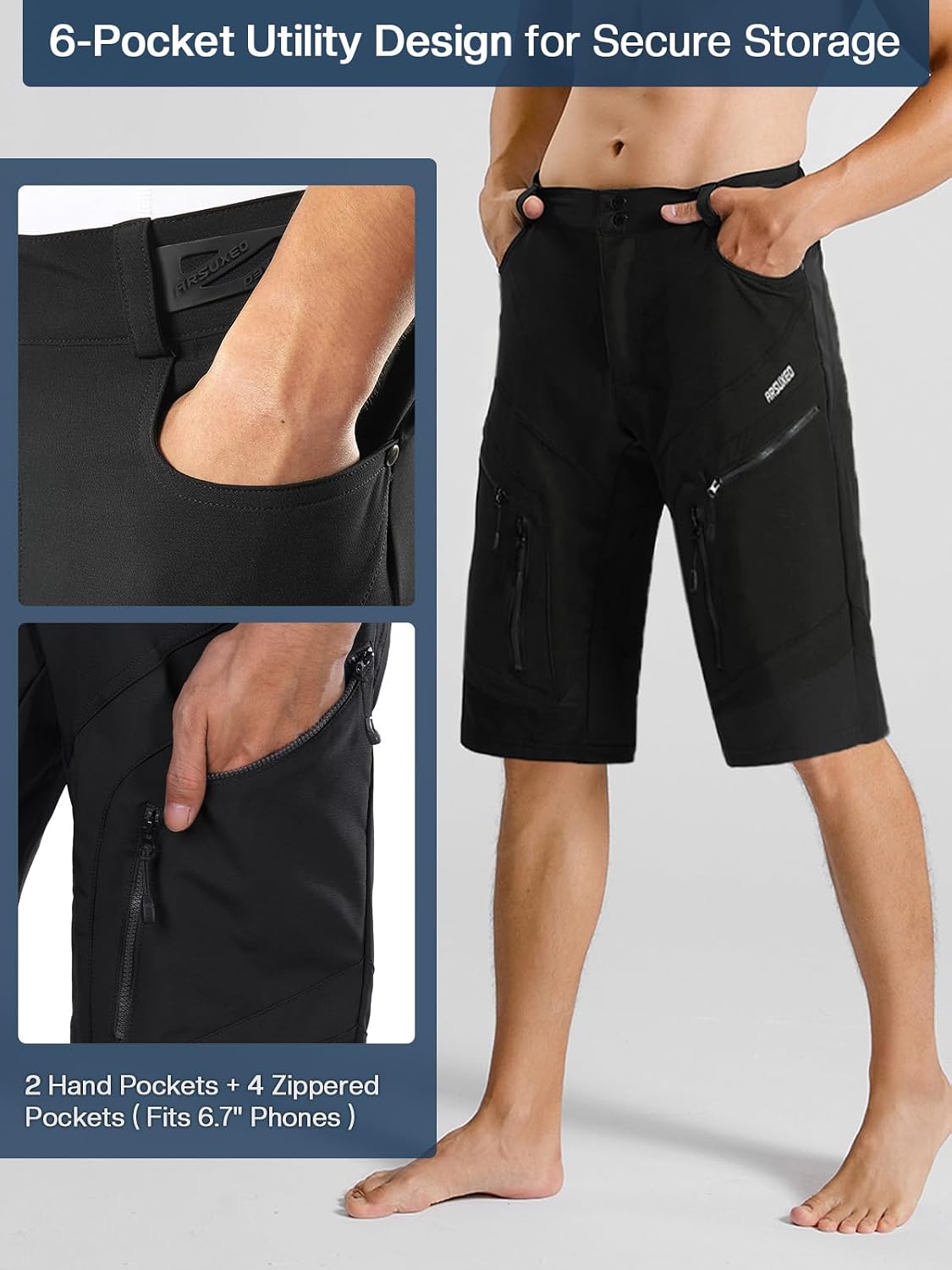 ARSUXEO Men's Loose Fit Cycling Shorts Mountain Bike Shorts Water Ressistant 1903