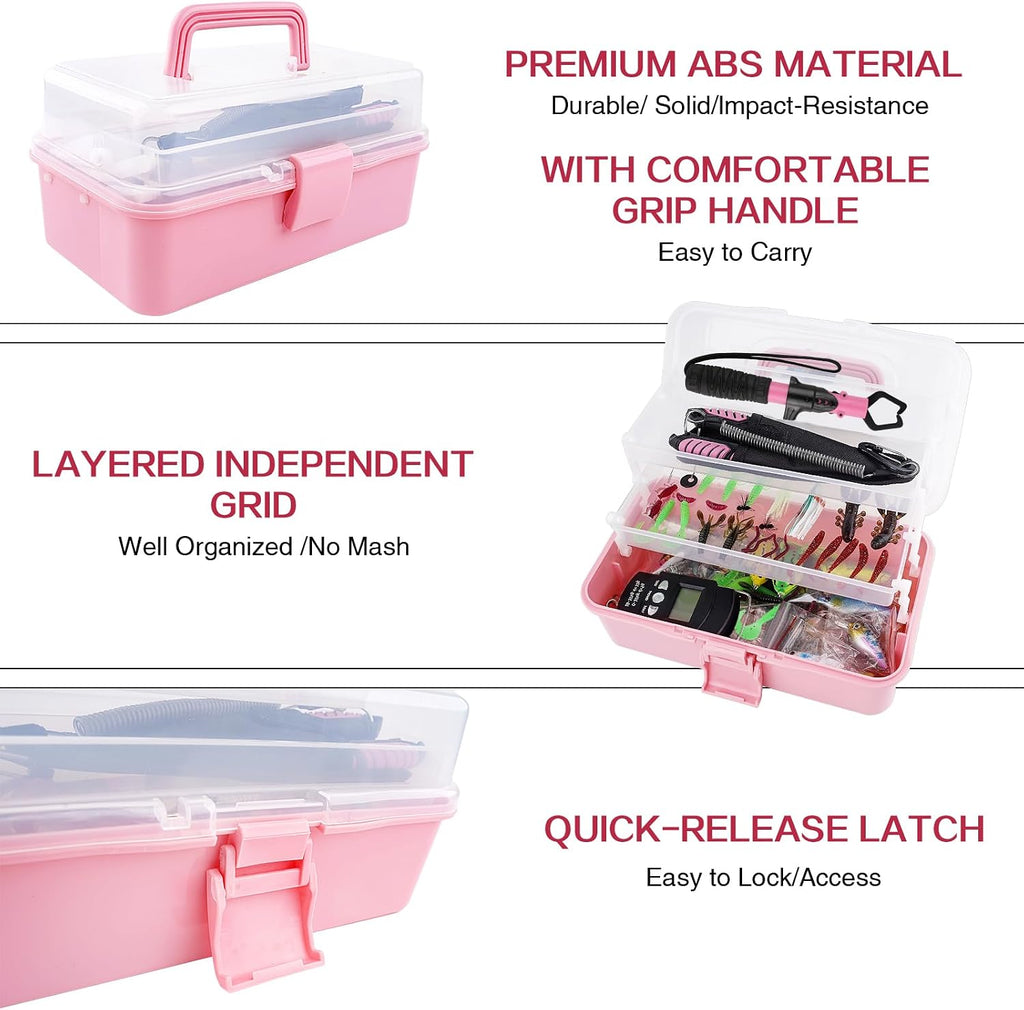 3-Layer Pink Fishing Tackle Box Lure kit with Tackle Included Fishing Gear