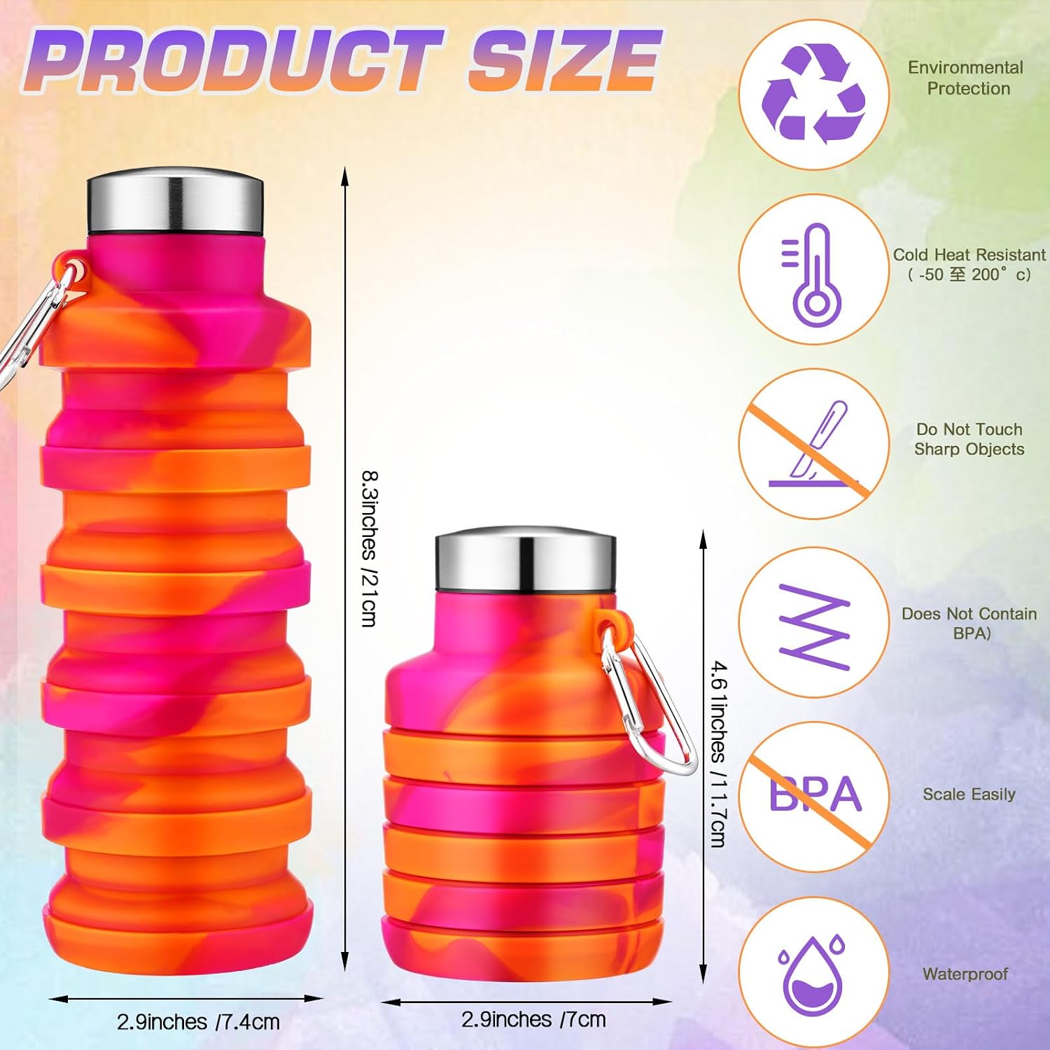 Sunnyray 20 Pack Collapsible Water Bottles Bulk Foldable Water Bottles 17oz Silicone Portable Leak Proof Reusable Sports with Clip for Travel Hiking Camping Outdoor (Tie-dye)