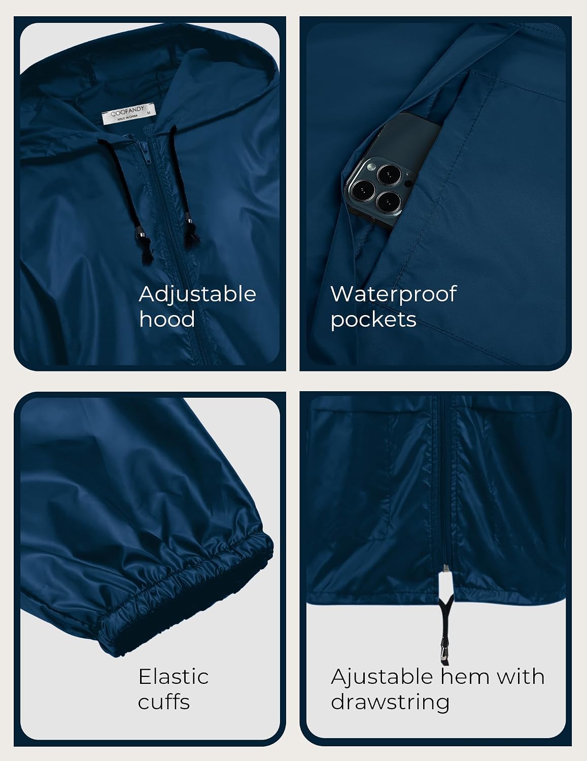 COOFANDY Mens Packable Rain Jacket Lightweight Waterproof Raincoat with Hood Outdoor Rain Gear Travel Hiking Cycling