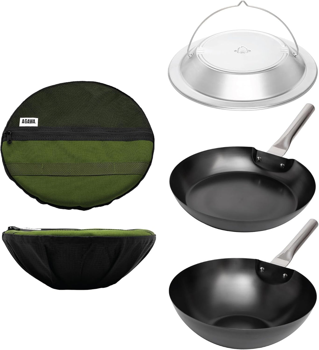 AGAWA CARBONTRAIL12 Adventure Cook Set | Nitrided Carbon Steel Camping Cookware with Removable Handles & Cordura Storage Case | Lightweight Outdoor Cook Set for Camping, Open Fire Cooking