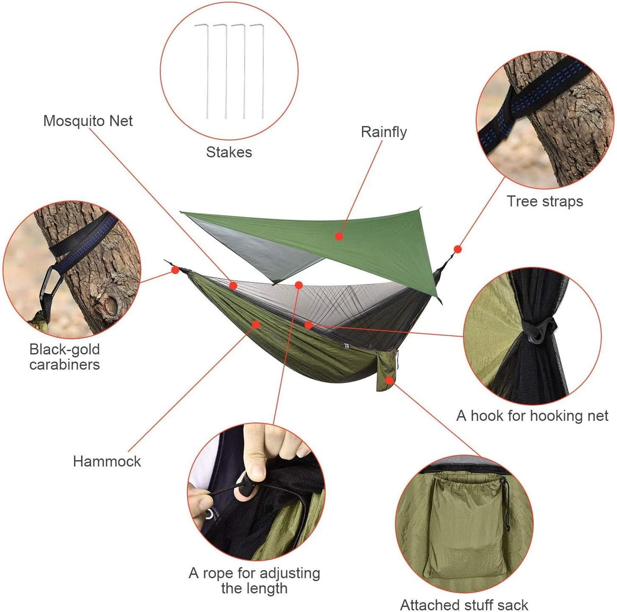 Camping Hammock with Rain Fly Tarp and Mosquito Net Tent Tree Straps, Portable Single Double Nylon Parachute Hammock Rainfly Set for Backpacking Hiking Travel Yard Outdoor Activities Green