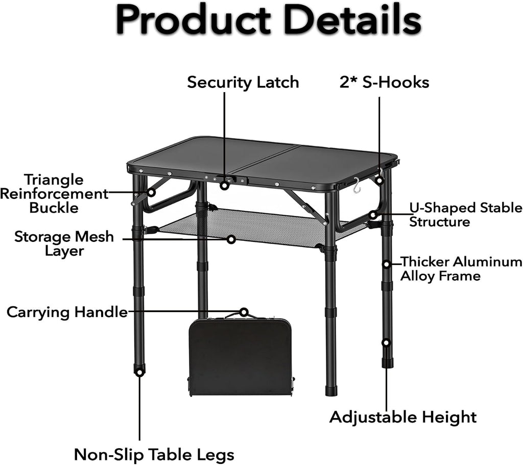 YihuiKo Small Folding Camping Table with Storage Net, Adjustable Heights