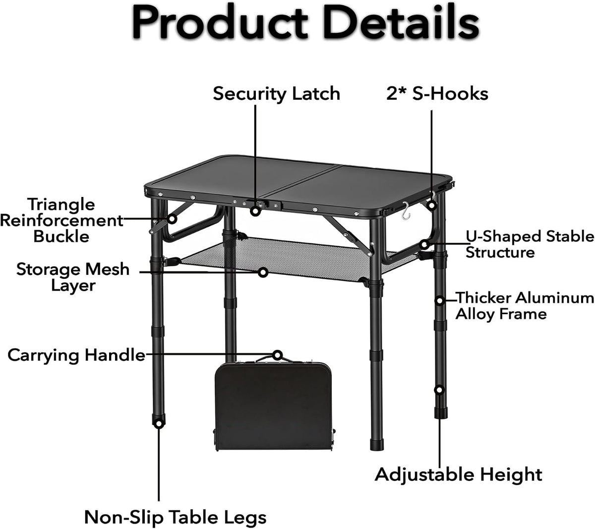YihuiKo Small Folding Camping Table with Storage Net, Adjustable Heights