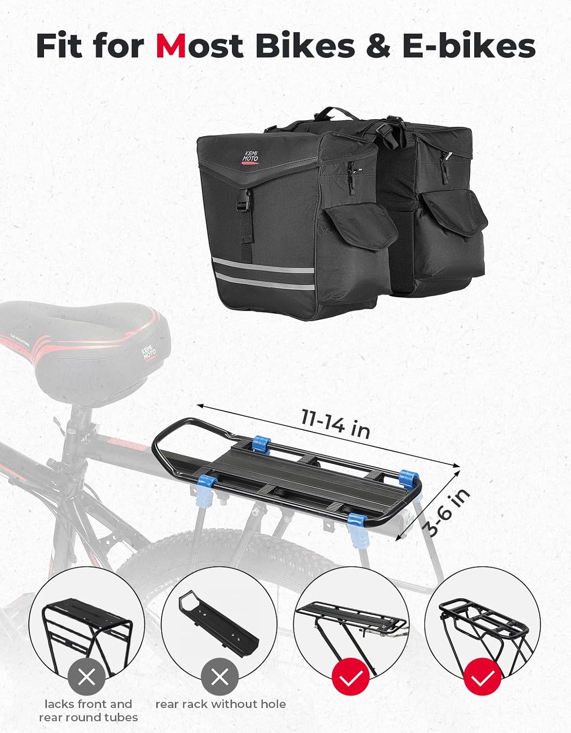 KEMIMOTO Panniers Bike Bags 40L/50L, Flip-Top with Waterproof Rain Cover