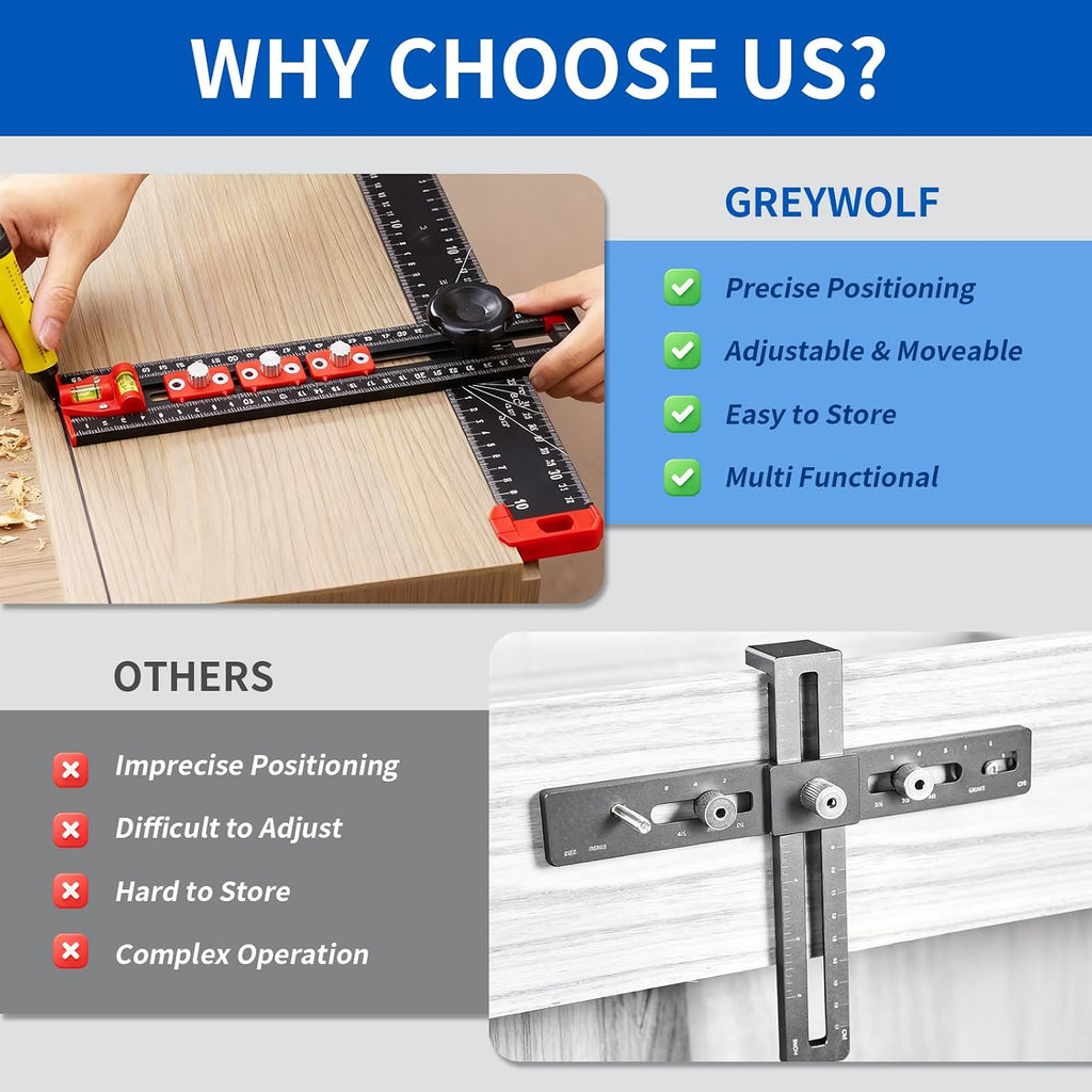 4-in-1 Drilling Positioning Ruler, Multi-Function T-Square，Adjustable 14 inches/35 cm, Woodworking Marking Tool, Cabinet Hole Drilling Template for Precise Drilling Angle Measurement and Marking