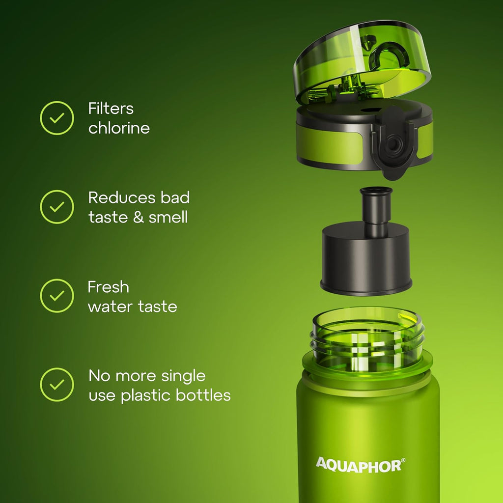 AQUAPHOR City Water Filter Bottle 17 oz | Reusable & Portable Filtered Water Bottle | BPA-Free | Perfect for Camping, Travel, Indoor & Outdoor Use | Green