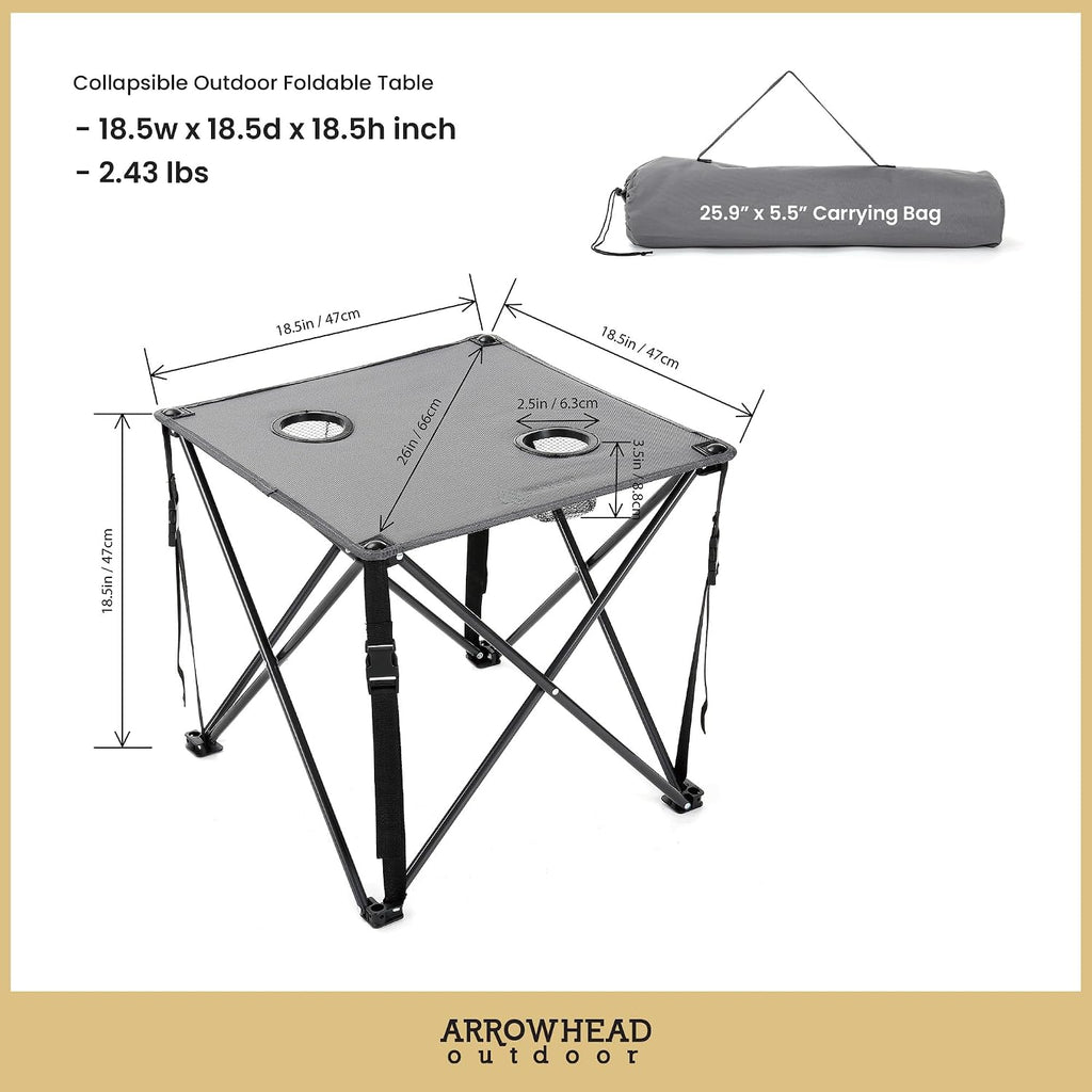 ARROWHEAD OUTDOOR 26” (66cm) Portable Camping Folding Table, 2 Cup Holders, Square, Carrying Case, Steel Frame, High-Grade 600D Canvas