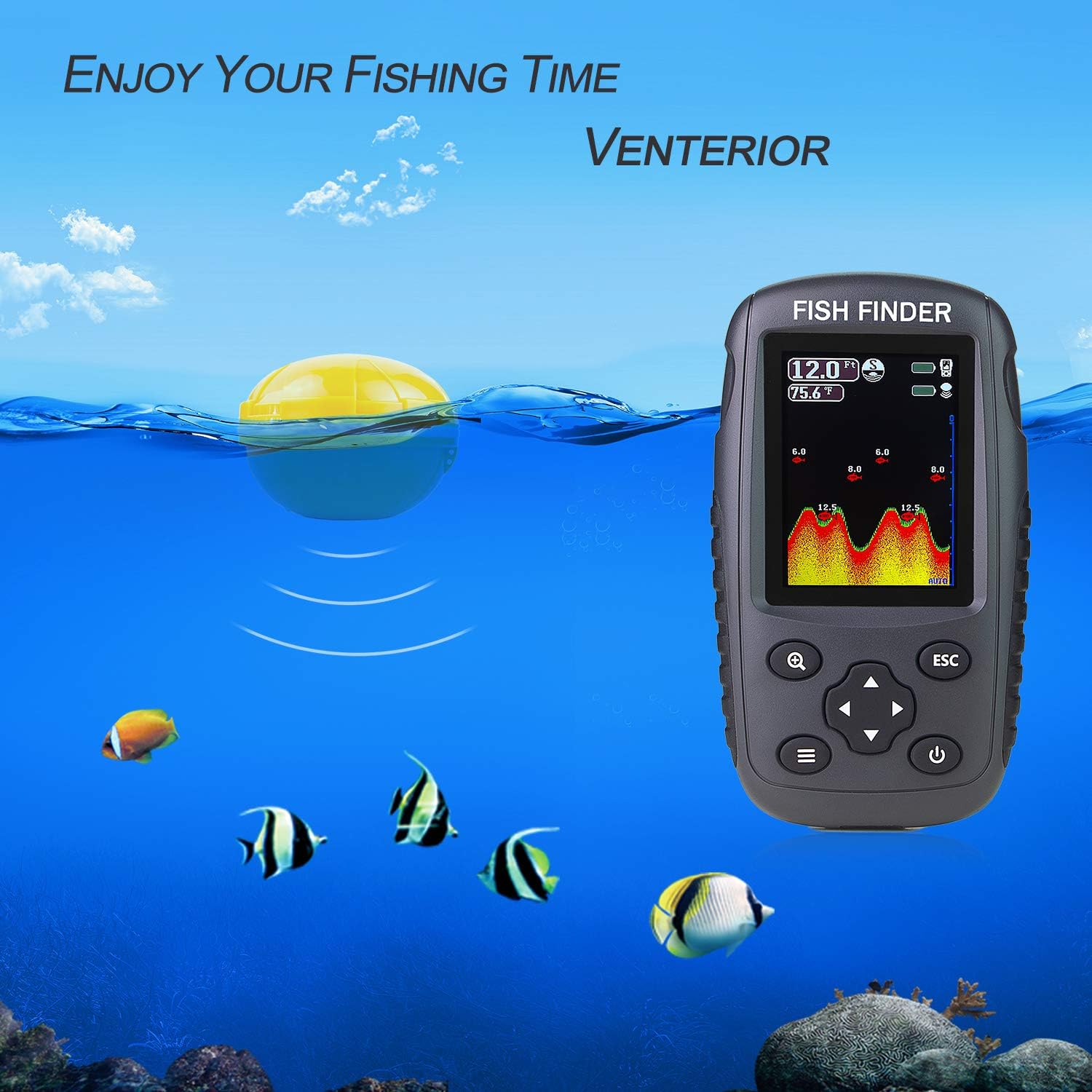 Portable Rechargeable Fish Finder Wireless Sonar Sensor Fishfinder Depth Locator with Fish Size, Bottom Contour, Color LCD Display