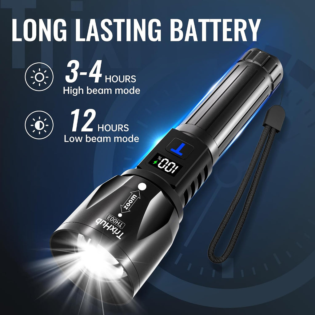 TrixHub Rechargeable Flashlights High Lumens 2Pack, 5Mode Flash Light with LCD Digital Display, Super Bright Adjustable Tactical Flashlight, High Powered LED Handheld Flashlight for Home