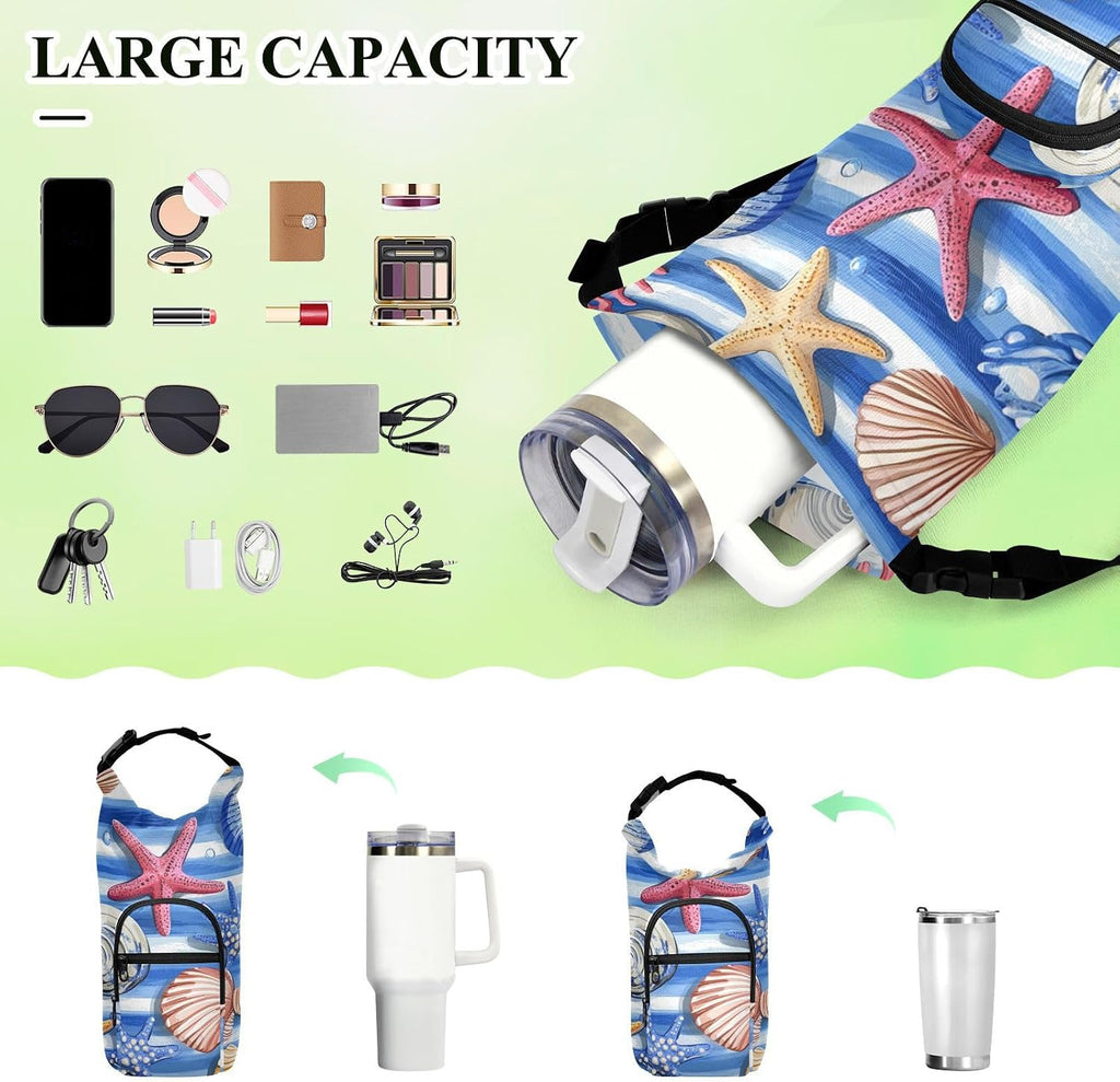Blue Striped Starfishes Seashells Corals Water Bottle Holder with Strap Insulated Water Bottle Carrier Crossbody Bags Pouch with Phone Pocket for Travel Gym Hiking Walking Running