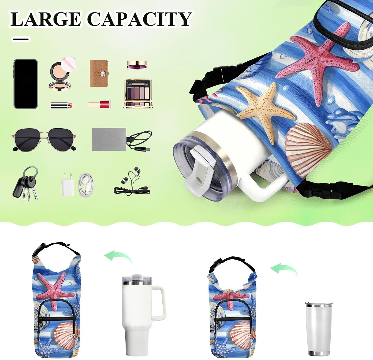 Blue Striped Starfishes Seashells Corals Water Bottle Holder with Strap Insulated Water Bottle Carrier Crossbody Bags Pouch with Phone Pocket for Travel Gym Hiking Walking Running