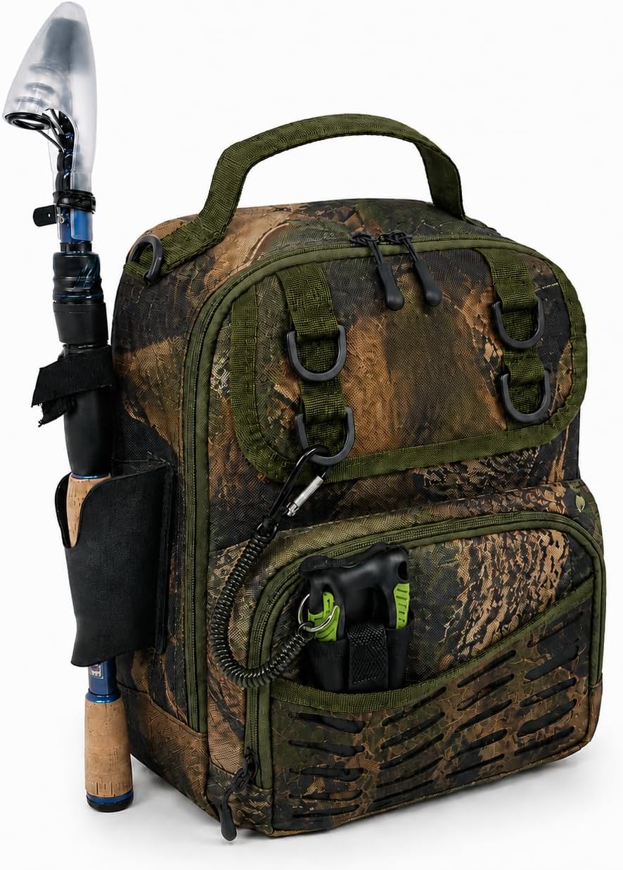 Fishing Sling Tackle Bag, Water-Resistant Lightweight Fishing Backpack with Rod Holder, Adjustable Crossbody Shoulder Bag for Bass Trout Kayak Bank Fishing- Green