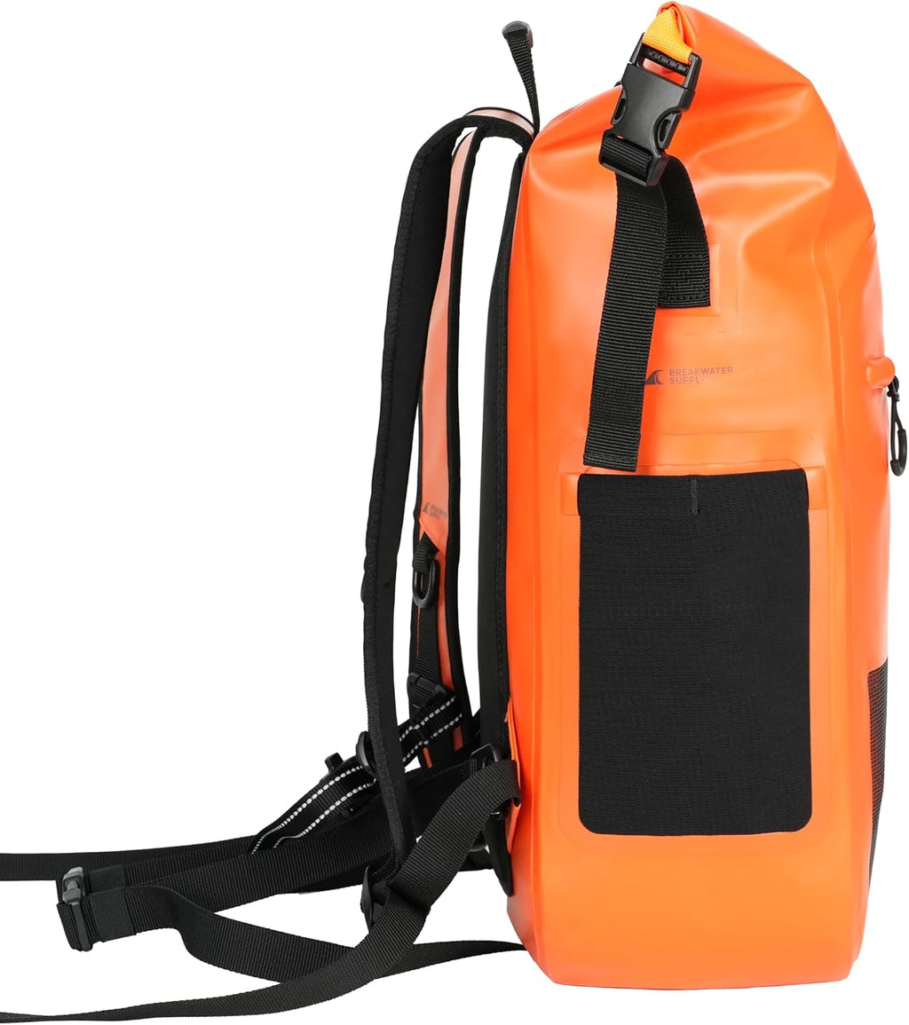 Breakwater Supply™ Meanhigh Dry Bag Waterproof Rolltop Backpack, 25L, Medium/Large, for Water Sports, Boating, Bike, Fishing, Hi-Visibility Safety Orange (Orange)