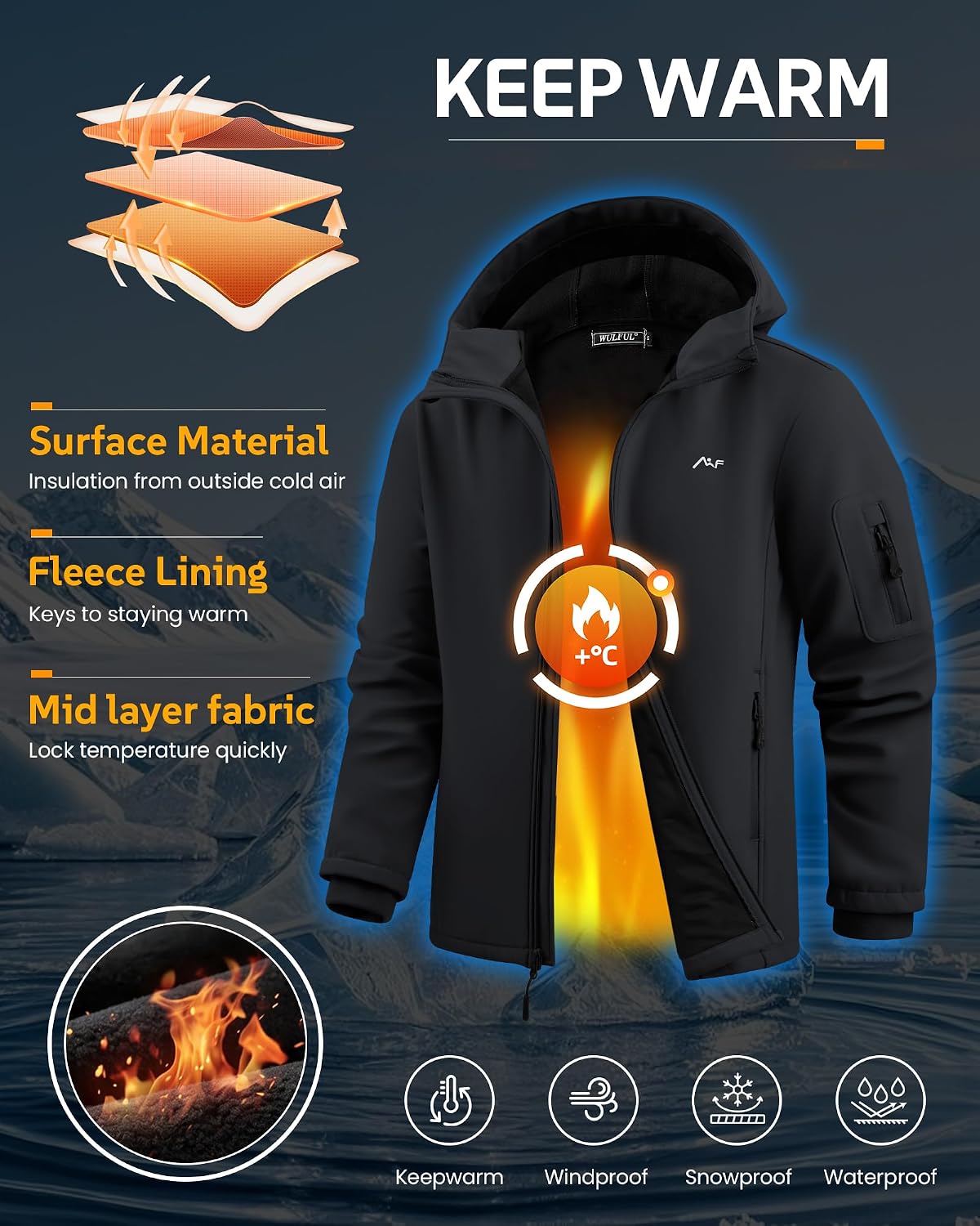 WULFUL Men's Lightweight Softshell Jacket Warm Fleece Lined Windbreaker Waterproof Soft Shell for Outdoor Hiking