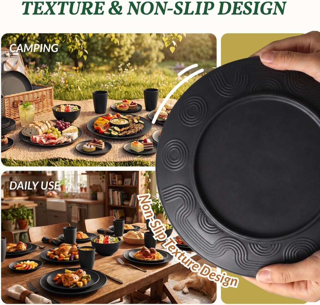 Homienly Wheat Straw Dinnerware Set,40-Piece Dish Set for 8, Dinner Plates, Dessert Plate, Cereal Bowls, Cups, Appetizer Plates,Reusable Dinner Plates Kids Plates and Bowls Sets,Black