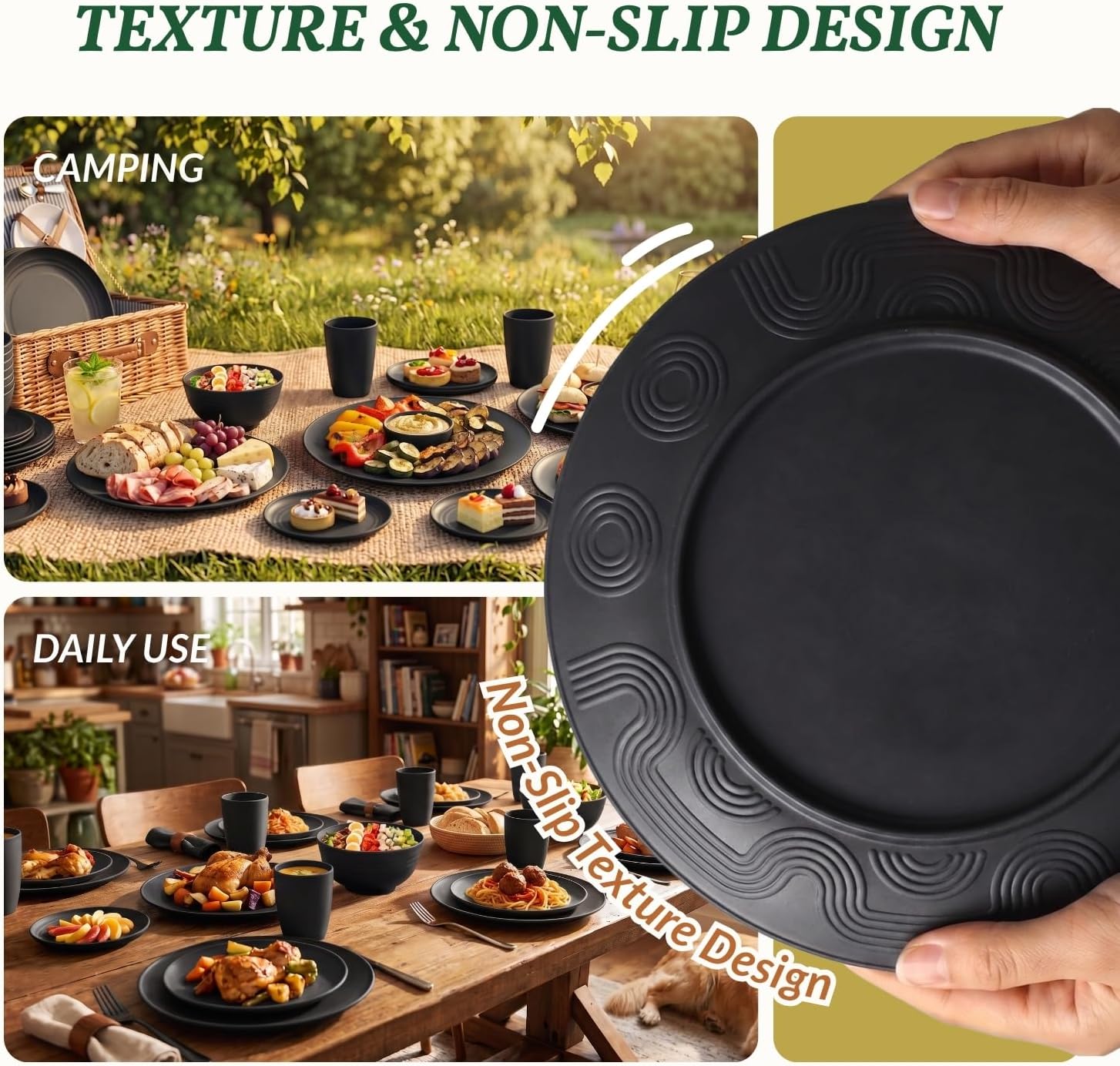 Homienly Wheat Straw Dinnerware Set,40-Piece Dish Set for 8, Dinner Plates, Dessert Plate, Cereal Bowls, Cups, Appetizer Plates,Reusable Dinner Plates Kids Plates and Bowls Sets,Black