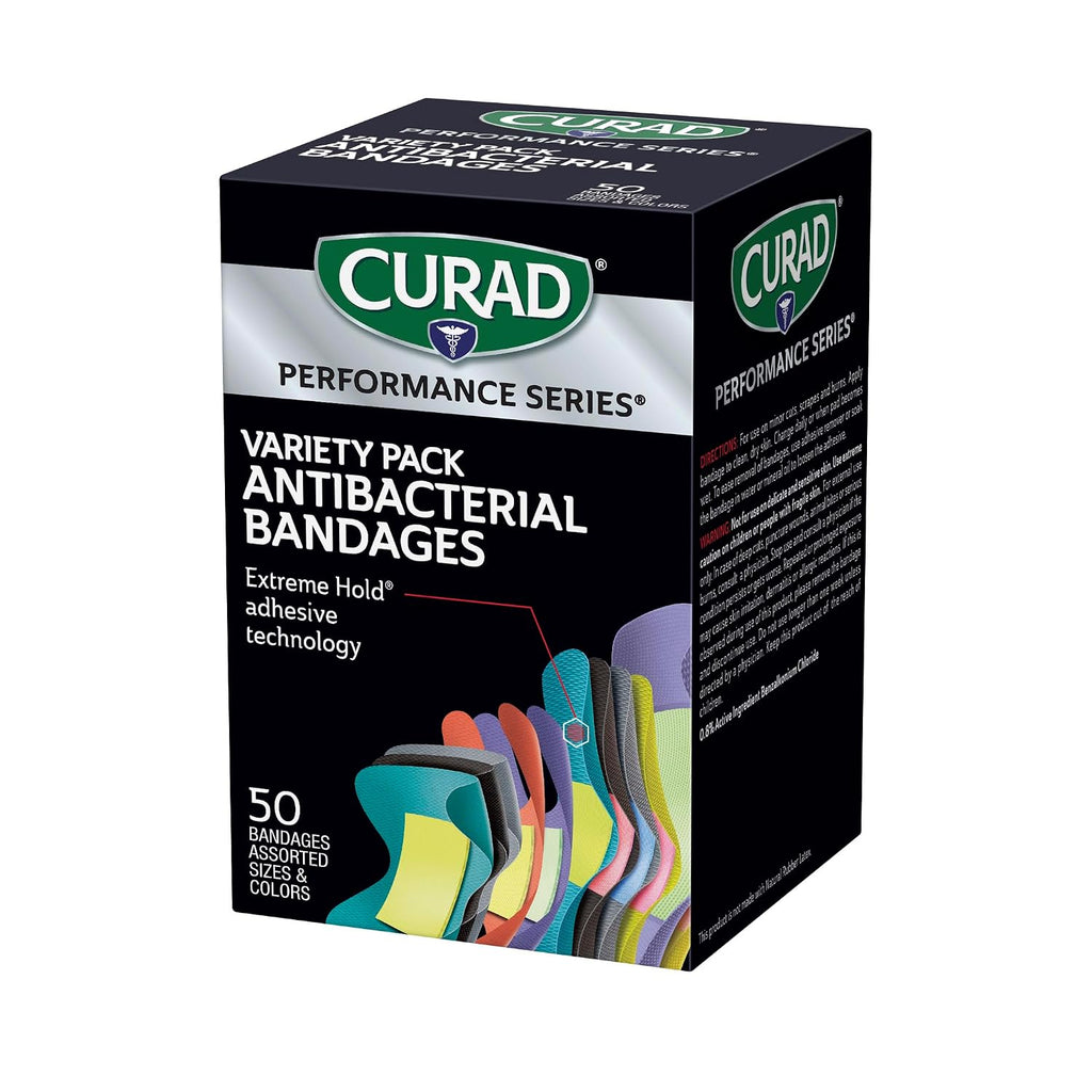 CURAD Performance Series Antibacterial Bandages, Extreme Hold Adhesive Technology, Finger & Knuckle Bandages, Flexible Fabric, Variety Pack with Assorted Sizes & Colors, 50 Count