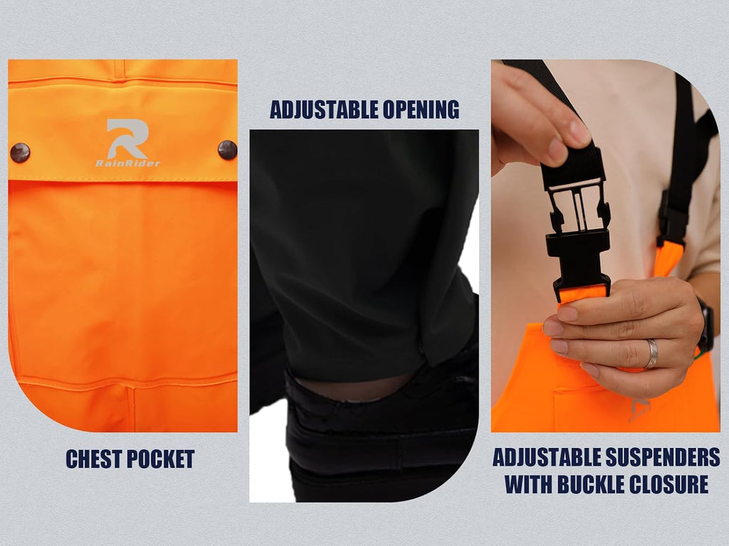 RainRider Rain Suits Waterproof for Men Women Heavy Duty Rain Gear Reflective Jacket Bib Pants 3 Pieces Rainwear