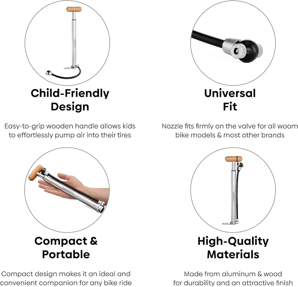 woom Airflo Kids Bike Pump, Mini Tire Pump, Presta & Schrader