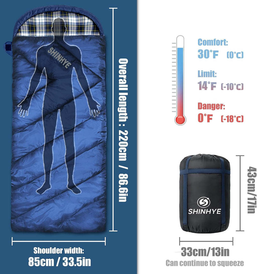 ShinHye 0 Degree Sleeping Bag for Adults - Cotton Flannel 4 Season Cold Weather Winter, XXL Big and Tall Camping Sleeping Bag with Compression Sack