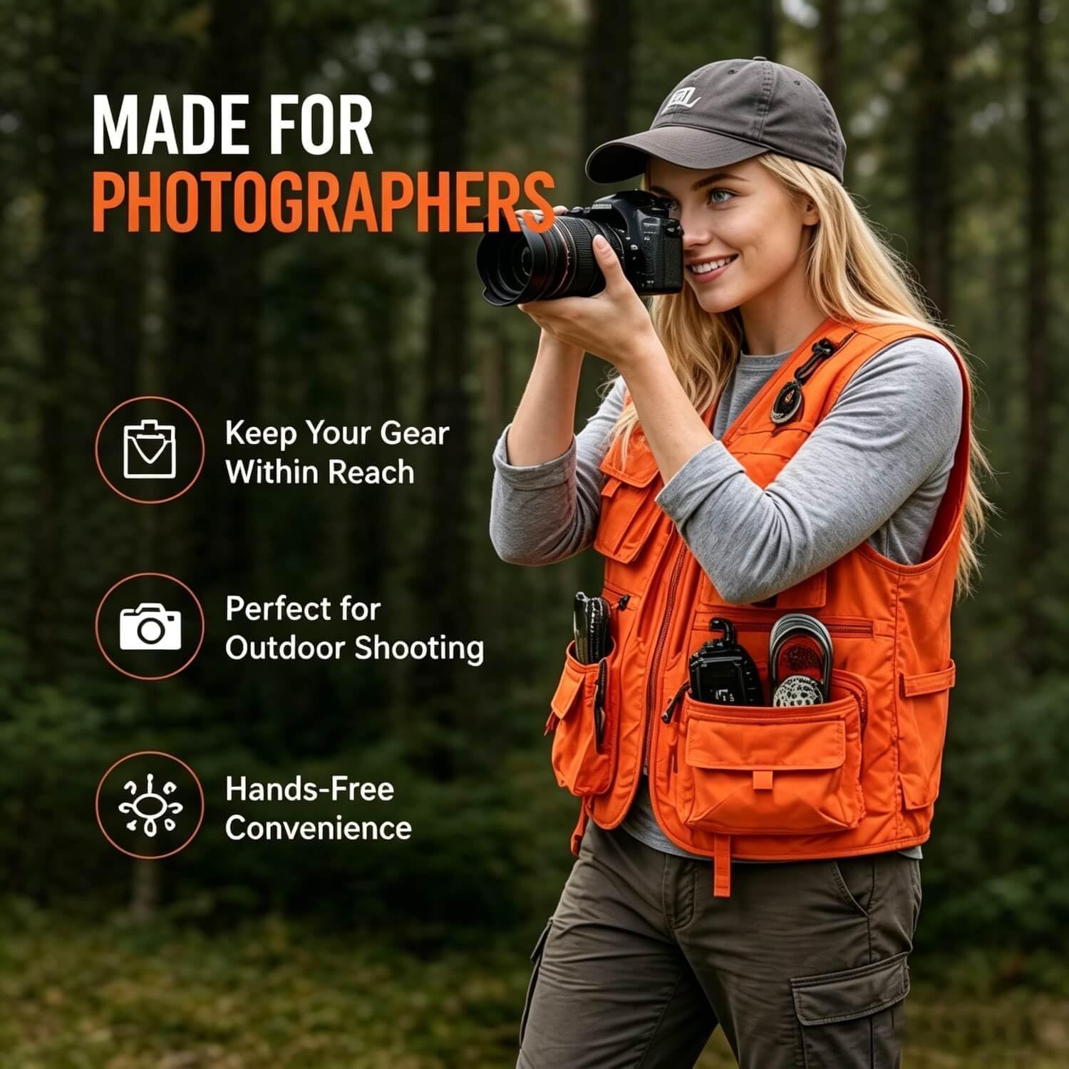 Outdoor Utility Vest for Men & Women, Lightweight Breathable Mesh Vest with Multiple Pockets for Fishing, Photography, Hiking, Camping, Travel & Safari, Orange