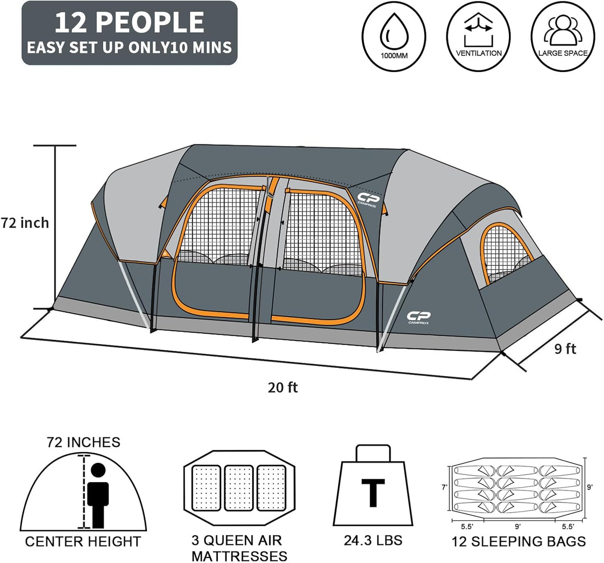 CAMPROS CP 12 Person Camping Tent, 3-Room Family Tent, Rainfly, Waterproof