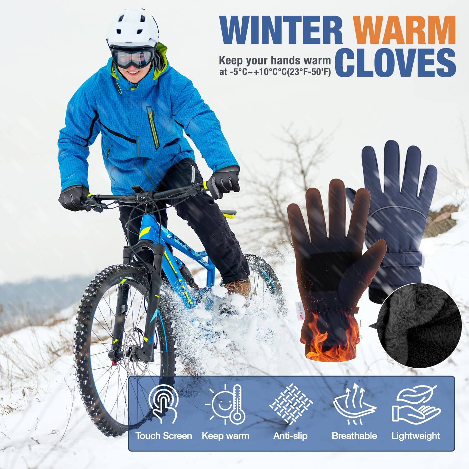 Fratres Winter Ski Gloves for Men and Women,Windproof Cold Weather Thermal with Touchscreen Fingers for Outdoor Sports