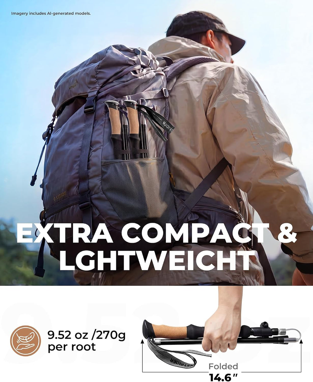 Trekking Poles for Hiking - Collapsible Lightweight 7075 Aluminum Hiking Poles (9.5 oz), Cork Grip Tri-Fold Walking Sticks for Seniors, Men & Women, Adjustable 43-53" (Set of 2)