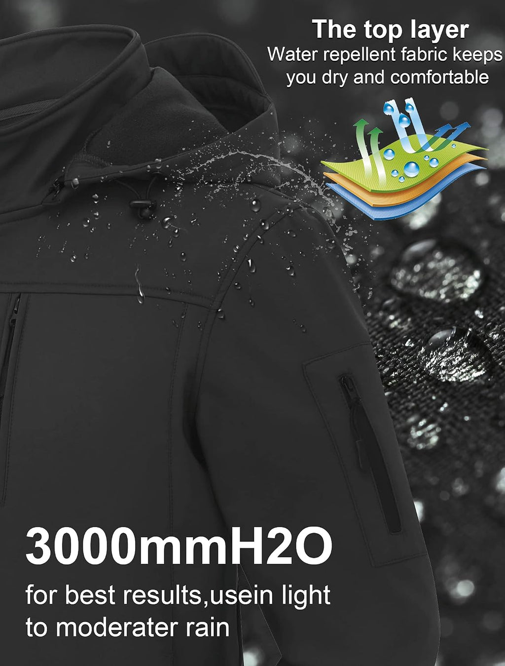 CREATMO US Men's Softshell Military Jacket With Removable Hood, Fleece Lined and Water Repellent Outdoor Reflective Coat