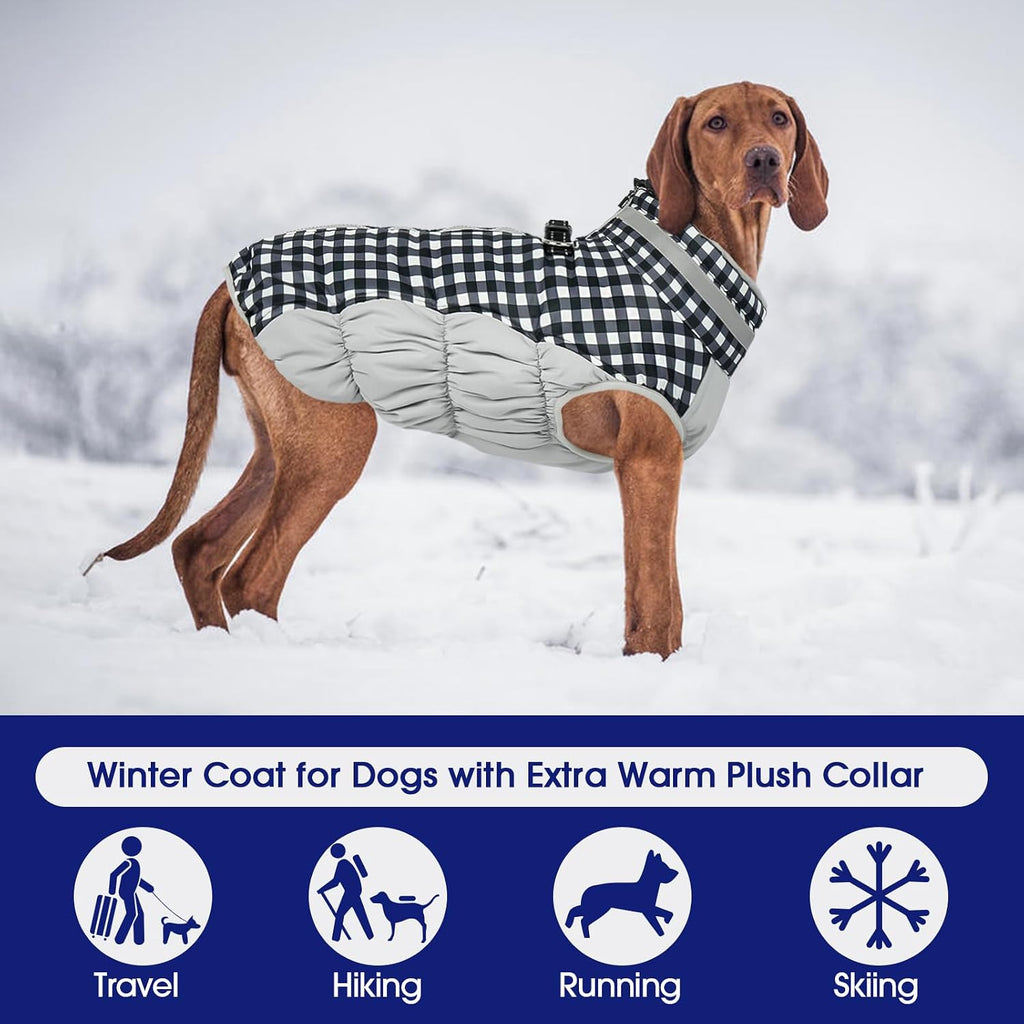 FUAMEY Dog Coat for Large Dogs,Waterproof Dog Winter Jacket with Harness Built in Puppy Cold Weather Coats Reflective Pet Vest with Zipper Warm Fleece Dogs Snowsuit Windproof Checkerboard 3XL